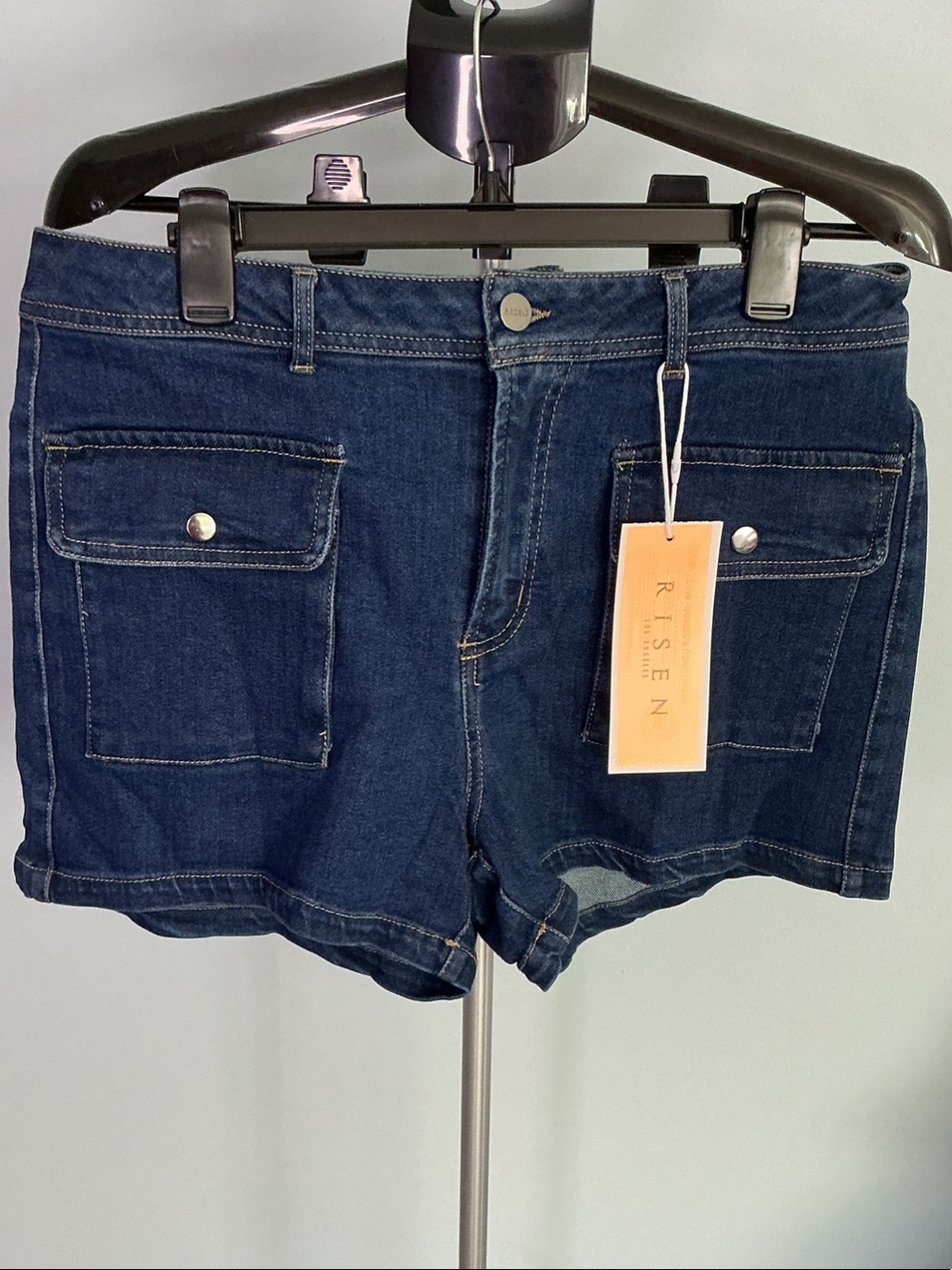 Risen Dark Blue Denim Cargo Pocket Shorts — high rise